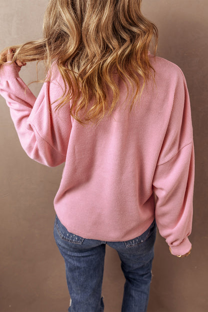 Ribbed Knit Collared Henley Top With Chest Pocket | Pink