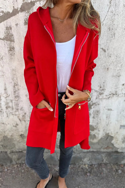 Solid Colour Casual Zip Up Hooded Coat | Fiery Red