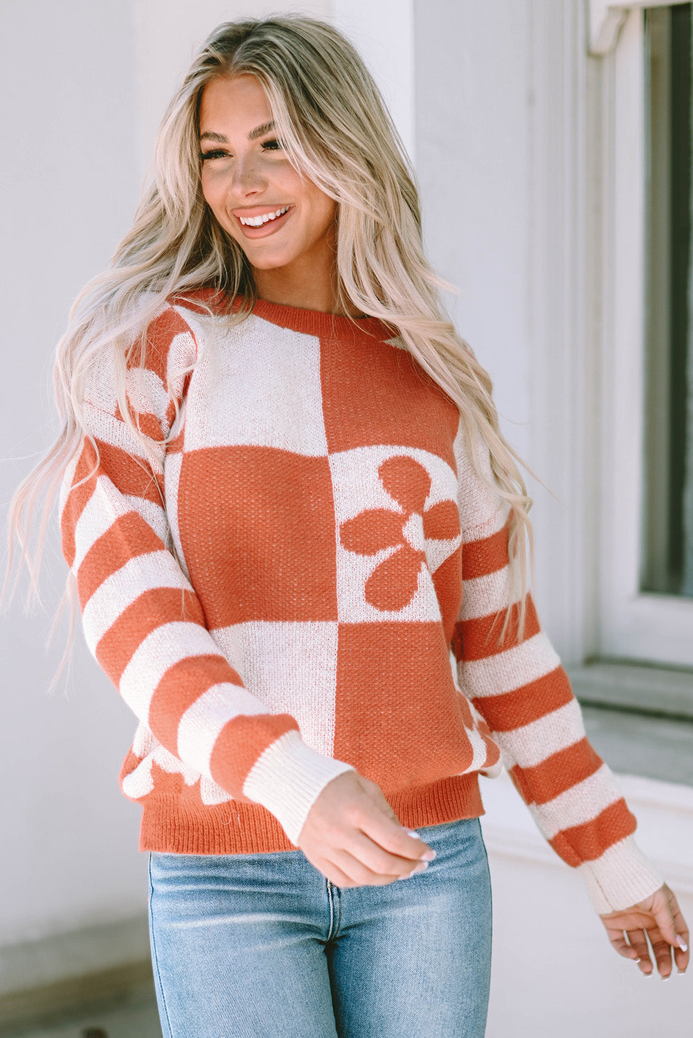 Checkered Floral Print Striped Sleeve Sweater | Brown