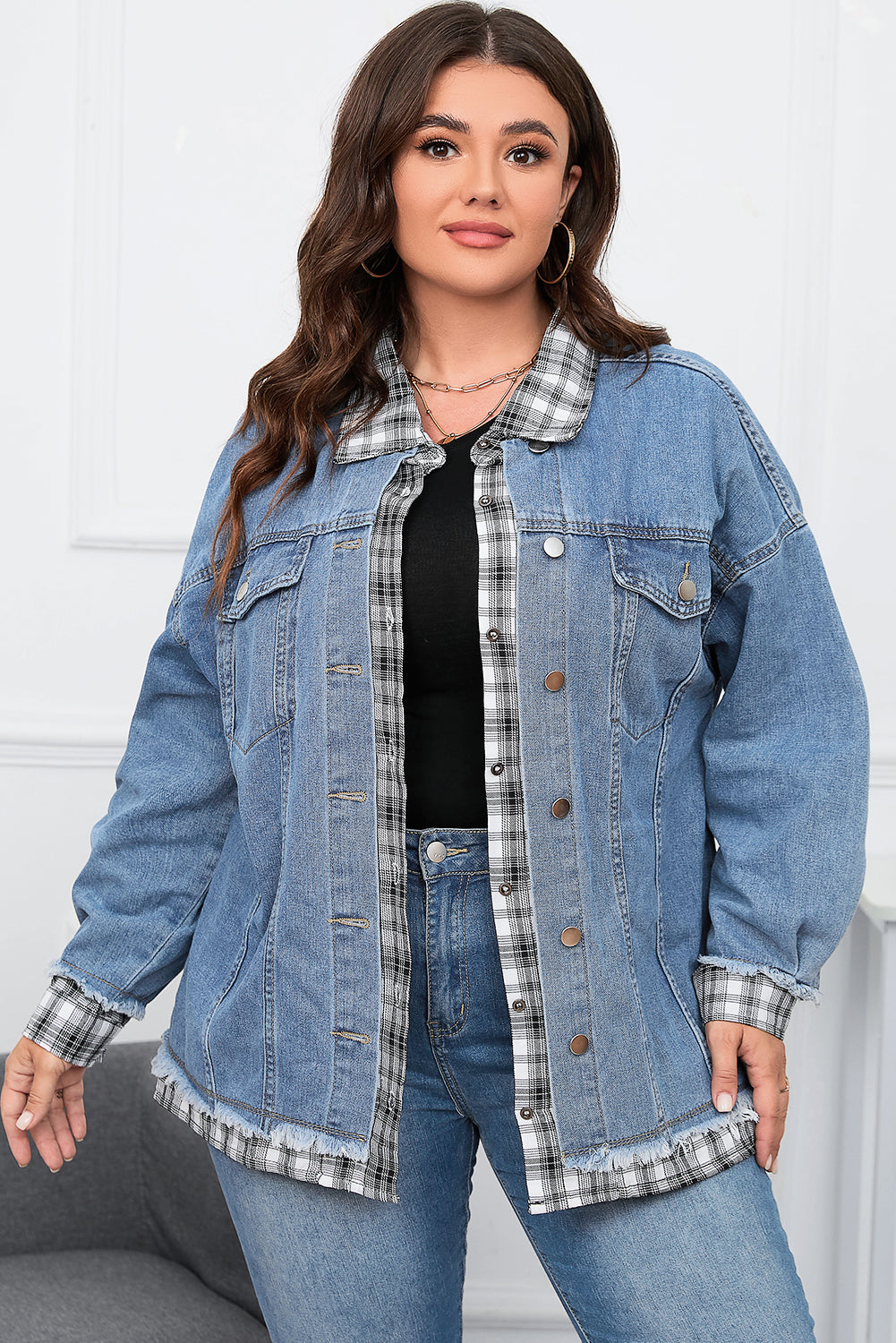 Plaid Hem Splicing Plus Size Denim Jacket | Sky Blue