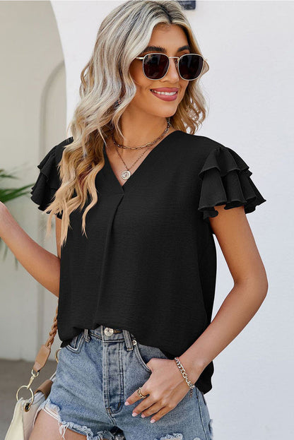 V Neck Ruffle Short Sleeve Blouse | Black