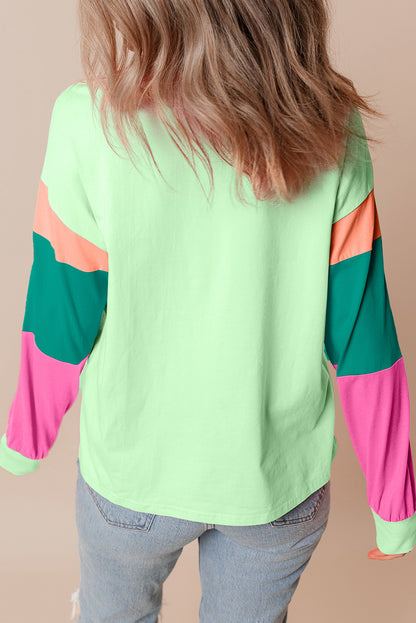 Colourblock Patchwork Long Sleeve Loose Top | Green