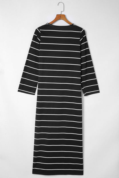 Striped Casual Slit Long Dress | Black