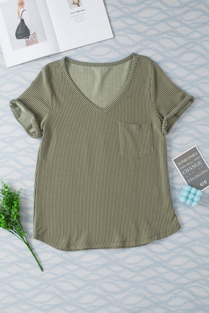 Twist Short Sleeve Corded V Neck Top | Laurel Green