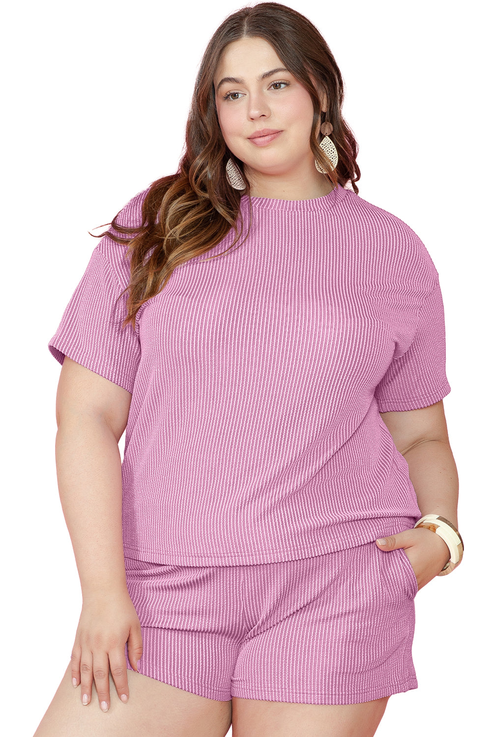 Ribbed Knit T Shirt And Shorts Plus Size Lounge Set | Phalaenopsis