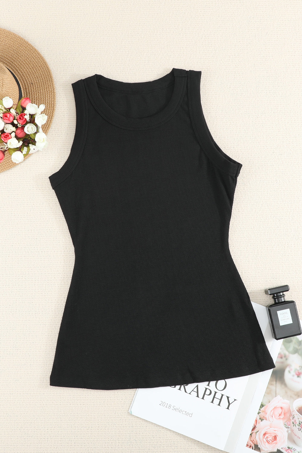 Solid  Round Neck Ribbed Tank Top | Black