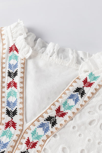 Geometric Embroidery Hollow Out Blouse | White