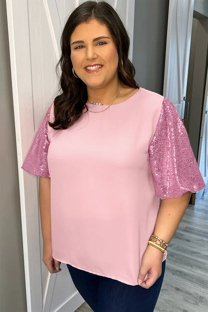 Contrast Sequin Bubble Sleeve Plus Size T-Shirt | Pink