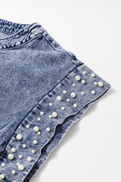 Acid Wash Pearl Embellishments O-Neck Denim Top | Dusk Blue