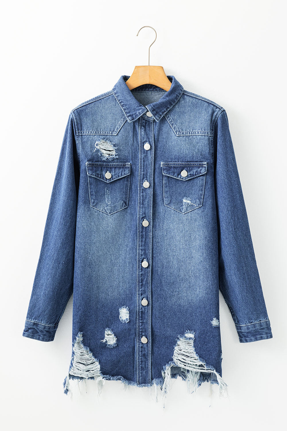 Light Wash Distressed Frayed Long Denim Jacket | Sky Blue