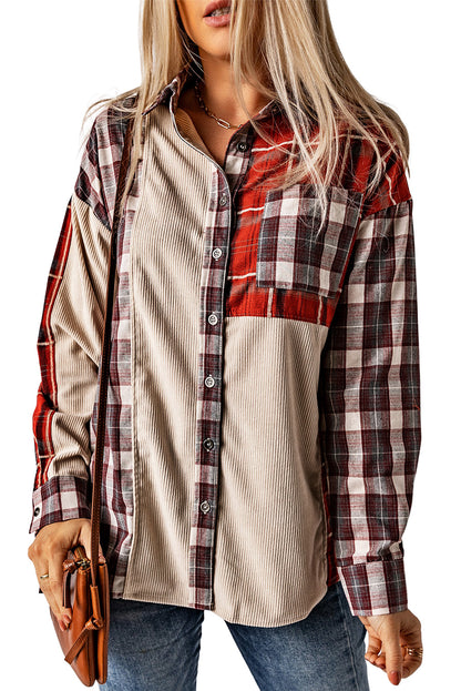 Plaid Corduroy Patchwork Shacket | Red