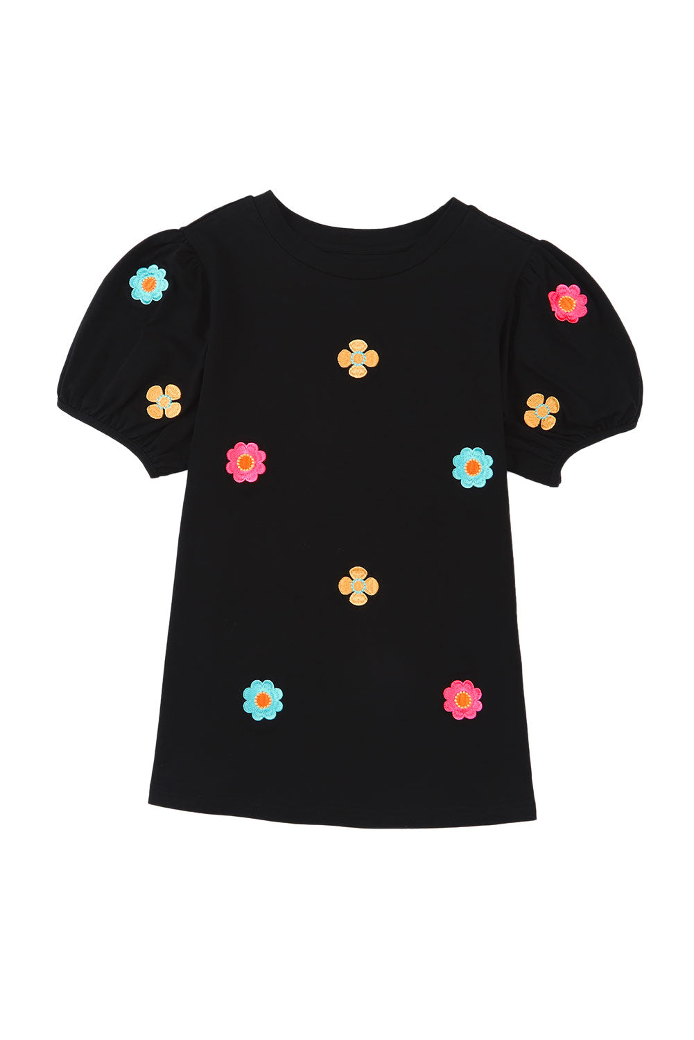 Embroidered Flower Short Puff Sleeve Tee | Black