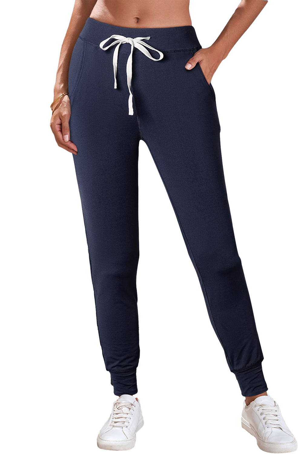 Drawstring Waist Pocketed Joggers | Navy Blue