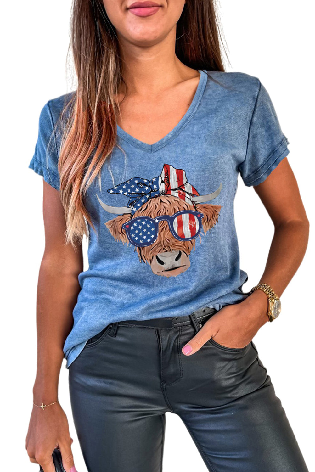 American Flag Cow Head Print V Neck Graphic T Shirt | Sky Blue