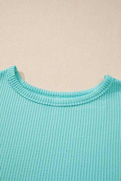 Solid Colour Corded Knit Round Neck Top | Aruba Blue