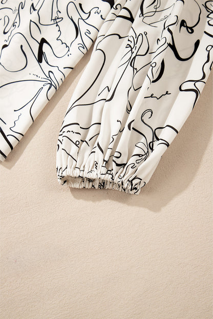 Abstract Print Balloon Sleeve Crew Neck Blouse | Beige