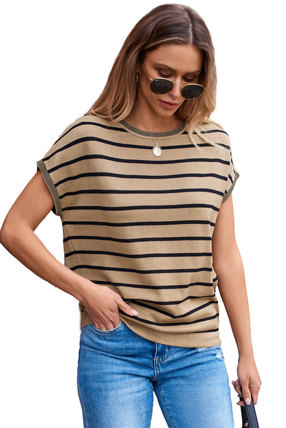 Knitted Bat Sleeve T Shirt | Khaki Stripe