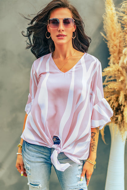 Vertical Stripes V Neck 3/4 Sleeve Blouse | Pink