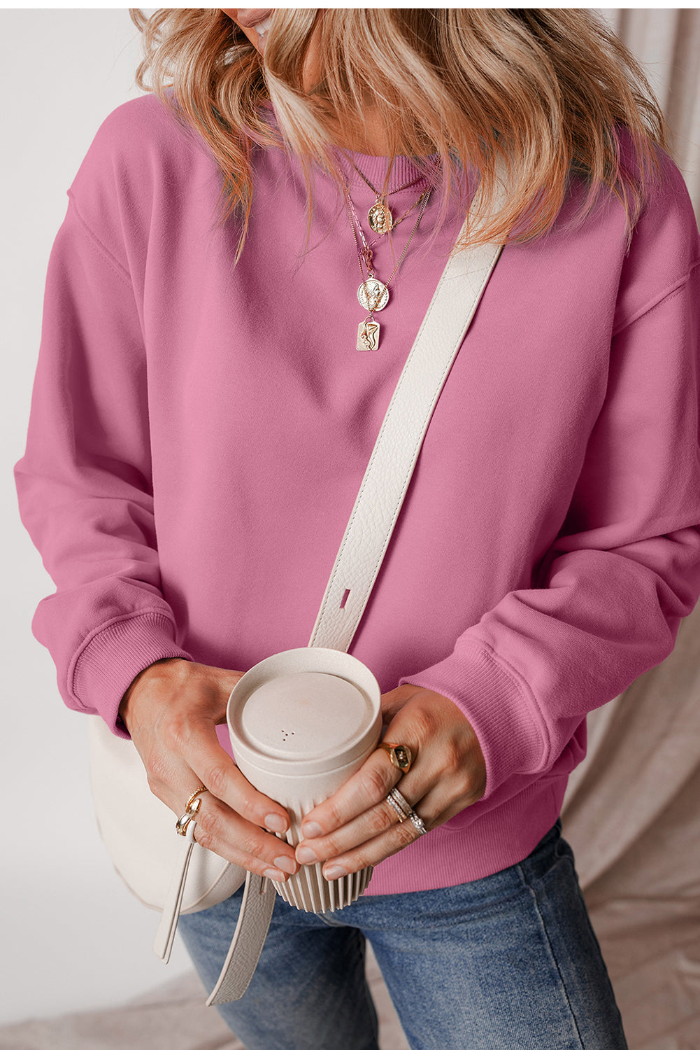 Solid Fleece Lined Drop Shoulder Terry Sweatshirt | Meadow Mauve