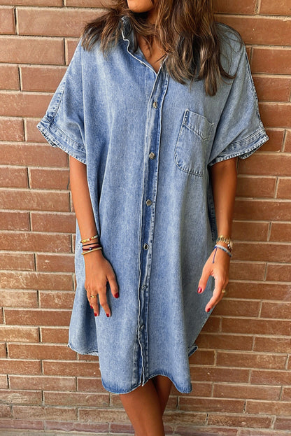 Loose Medium Wash Short Sleeve Shirt Chambray Dress | Light Blue