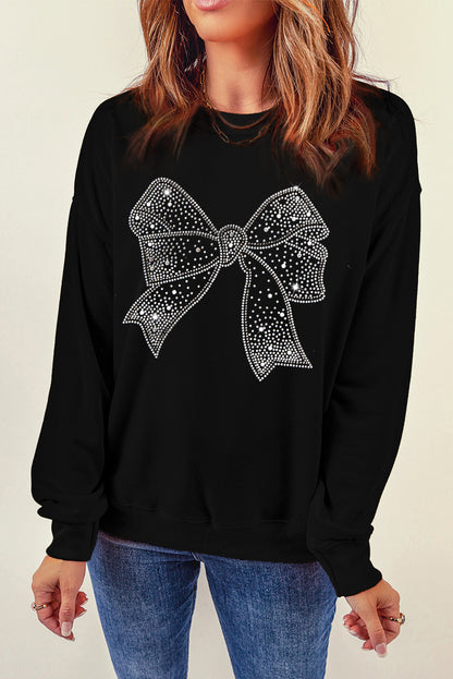 Rhinestone Bowknot Graphic Crewneck Pullover Sweatshirt | Black