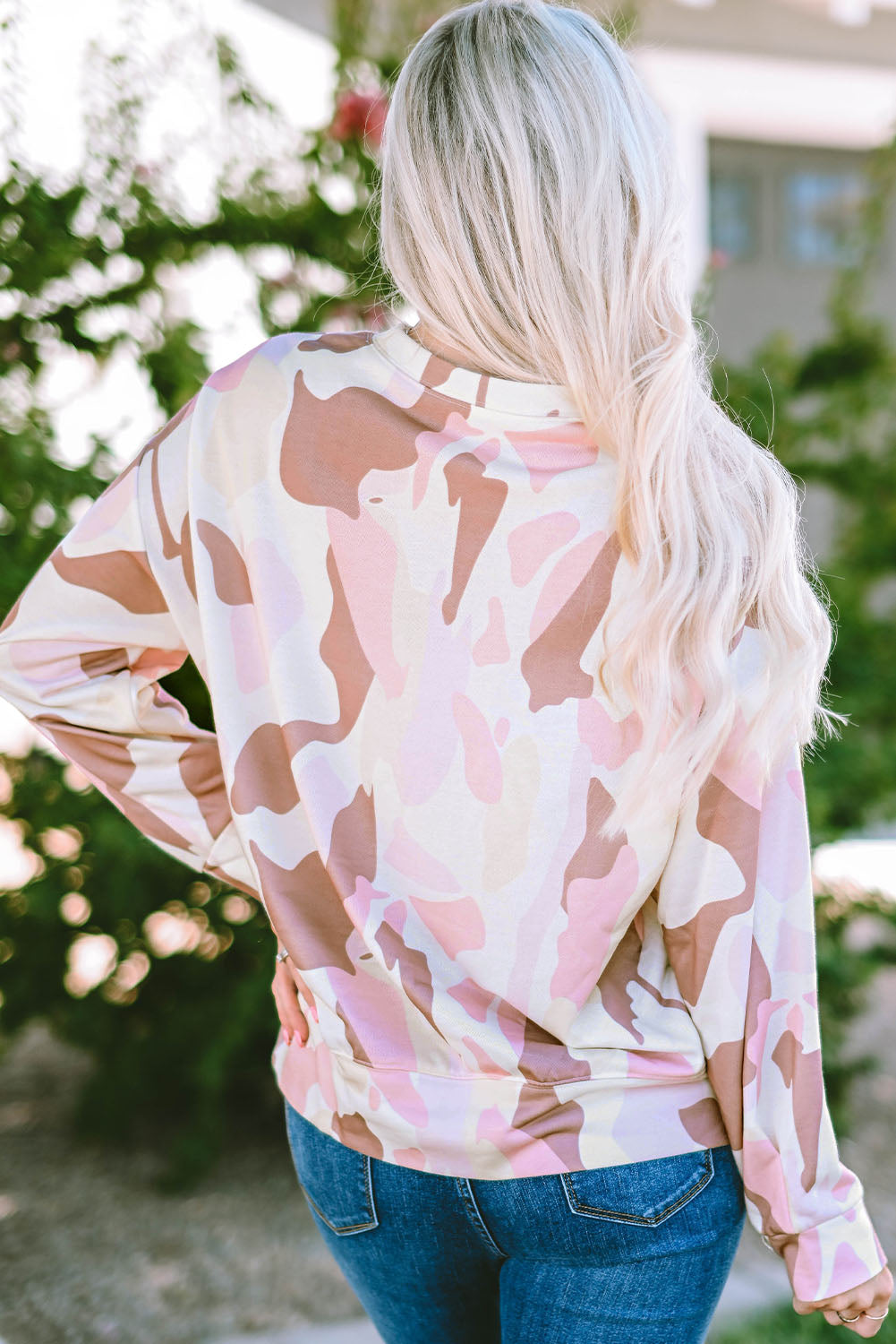 Geometric Print Crewneck Pullover Sweatshirt | Pink