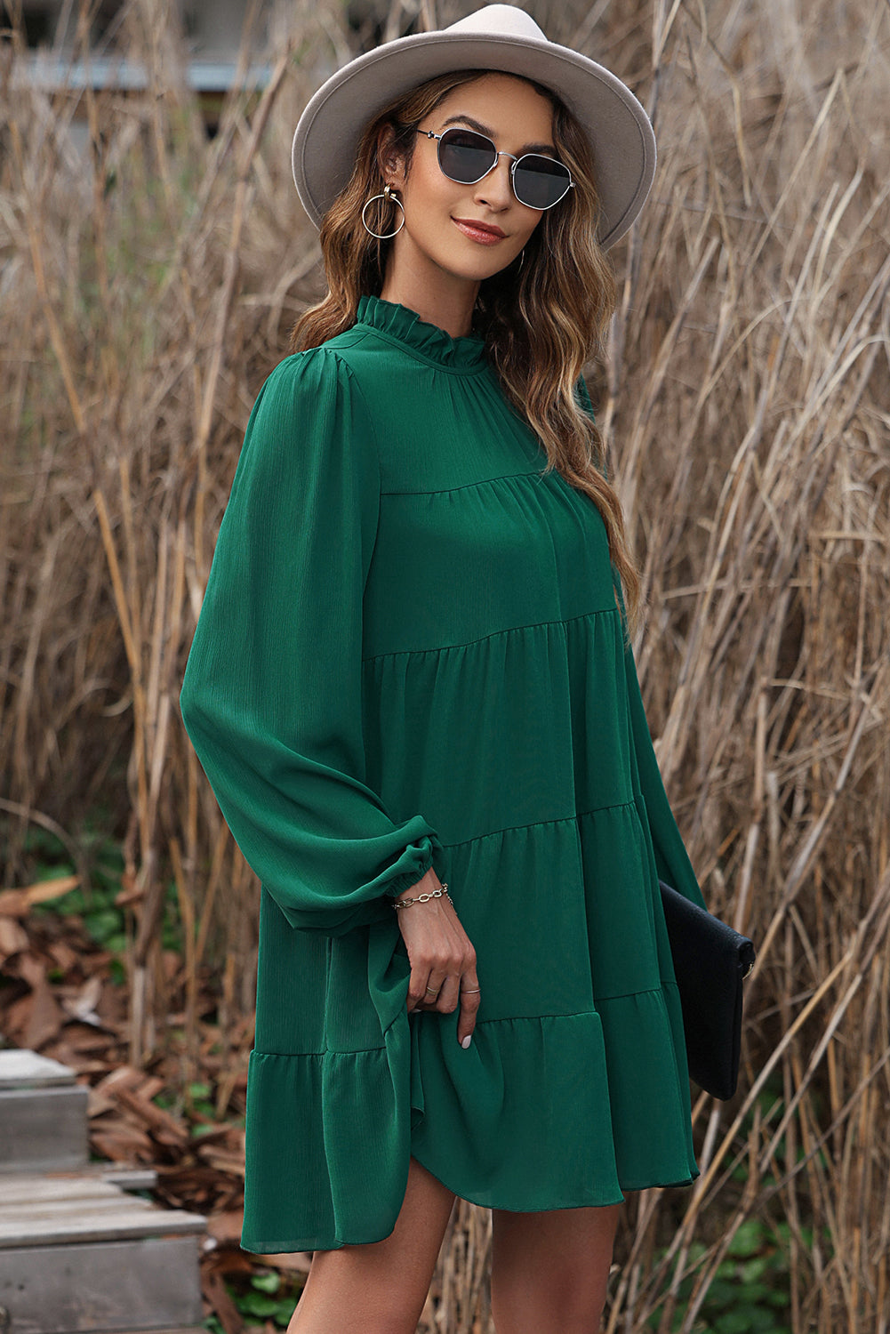 Puff Sleeve Mock Neck Back Knot Tiered Dress | Green