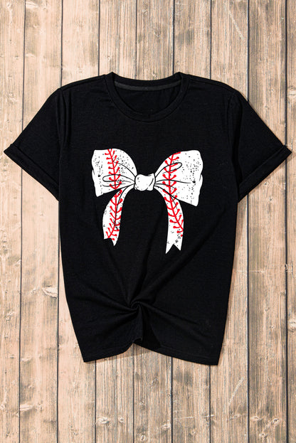 Baseball Bowknot Graphic Casual Tee | Black