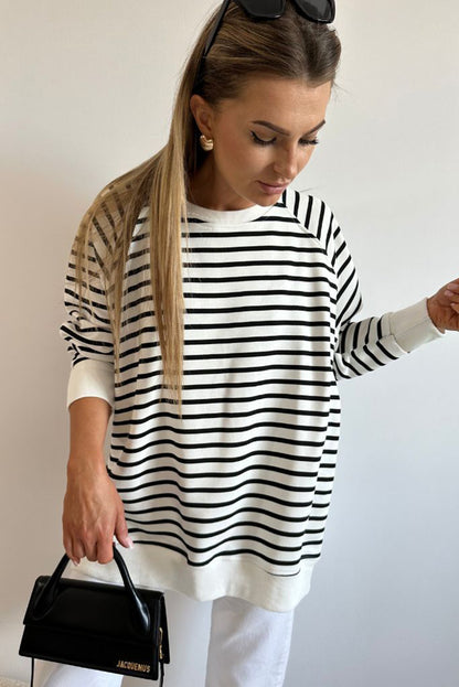 Raglan Sleeve Side Slits Loose Sweatshirt | Black Stripe