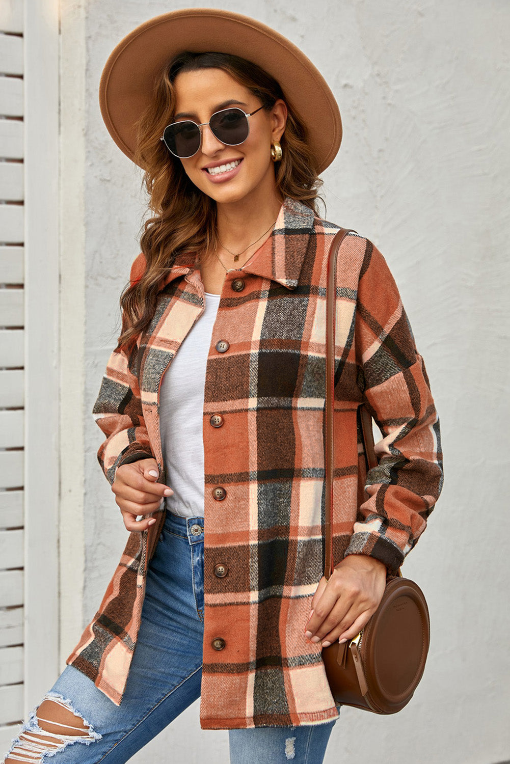 Plaid Print Buttoned Shirt Jacket | Orange