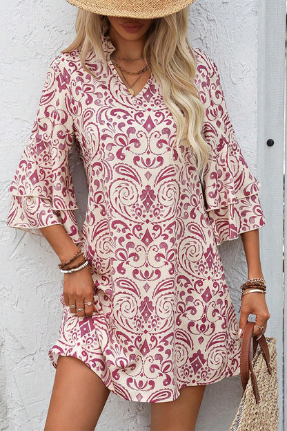 Paisley Print Tiered 3/4 Sleeve Notched Neck Mini Dress | Pink