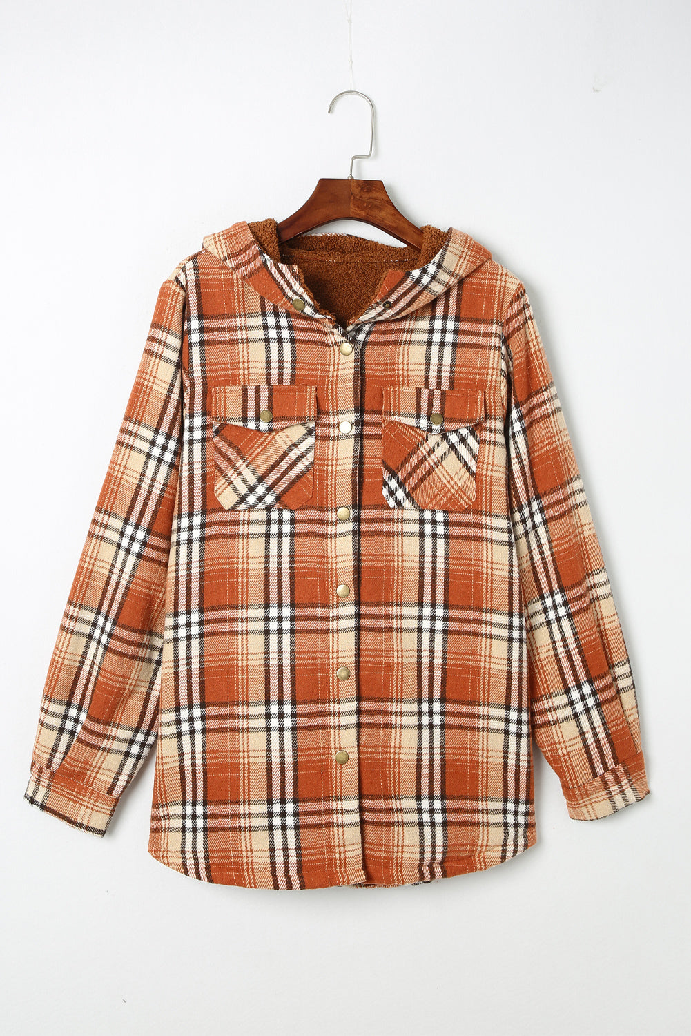 Plaid Pattern Sherpa Lined Hooded Shacket | Orange