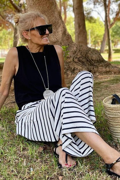 Drawstring Striped Wide Leg Pants | White