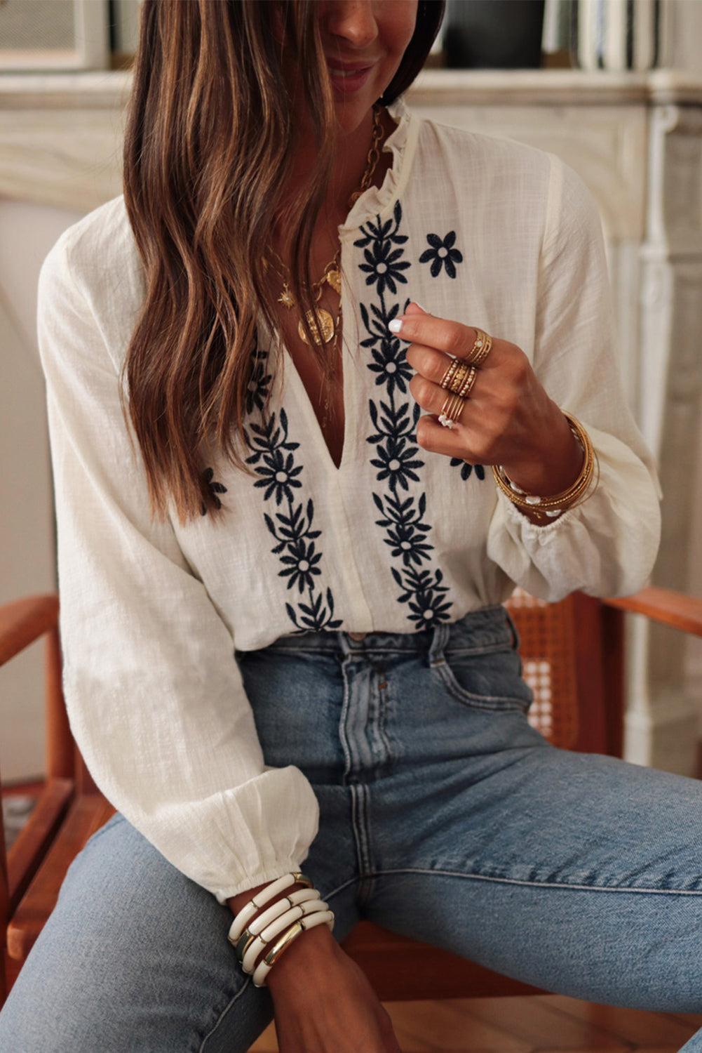 Floral Embroidered Frilled V Neck Puff Sleeve Blouse | White