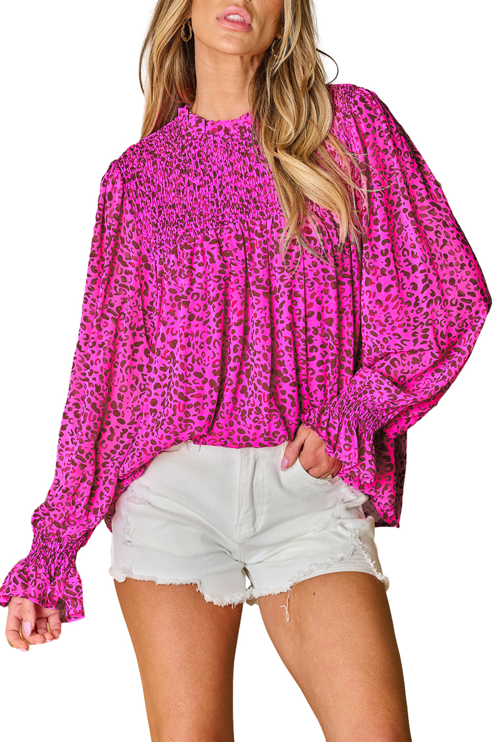 Leopard Shirred Puff Sleeve Flowy Blouse | Rose