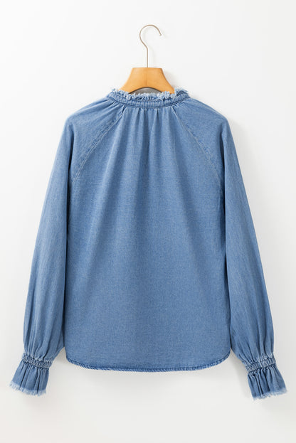 Frilled Raw Hem Half Buttoned Denim Top | Sky Blue