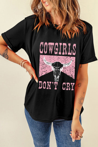 Cowgirl Dont Cry Steer Head Print Short Sleeve Top | Black