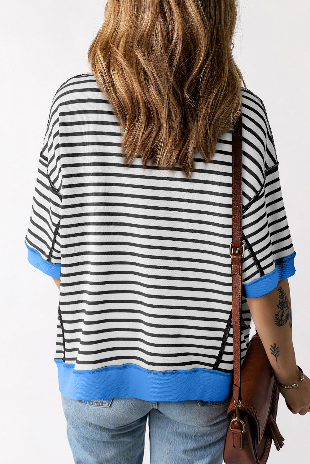 Oversized Contrast Trim Exposed Seam High Low T Shirt | Black Stripe