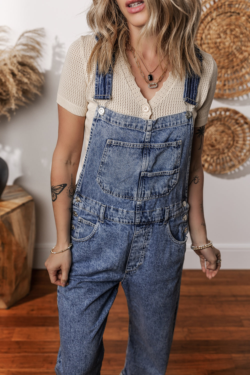 Denim Bib Straight Leg Jumpsuit With Pockets | Sail Blue