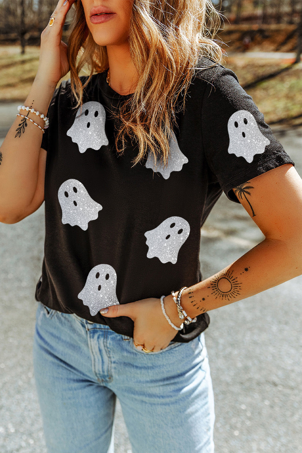 Glitter Ghost Pattern Crew Neck Halloween T Shirt | Black