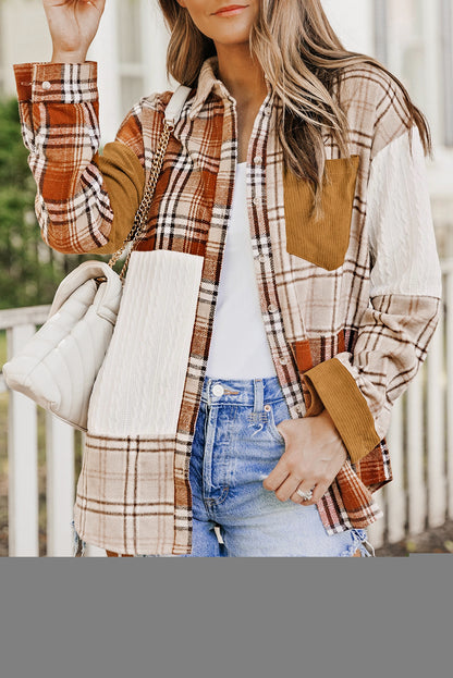 Plaid Colour Block Patchwork Shirt Jacket With Pocket | Orange