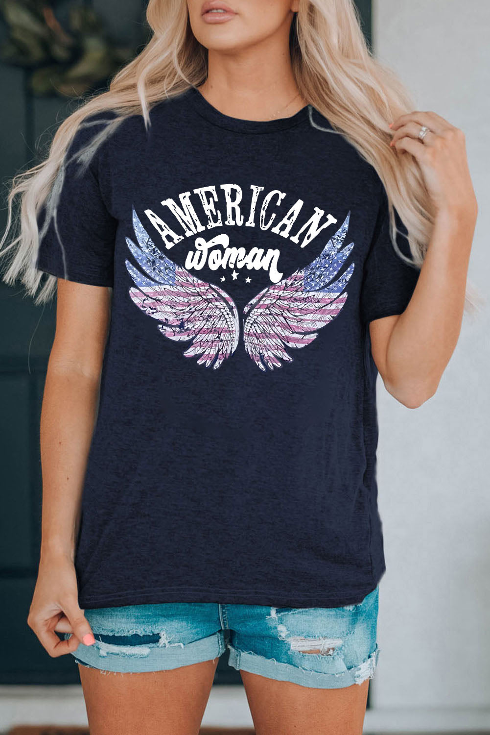 American Woman Flag Eagle Wing Graphic Tee | Blue