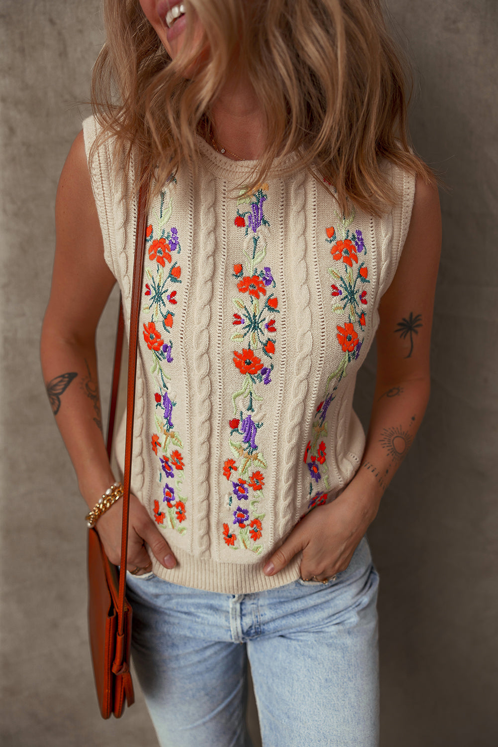 Jet Stream Embroidered Floral Cable Knit Sweater Vest