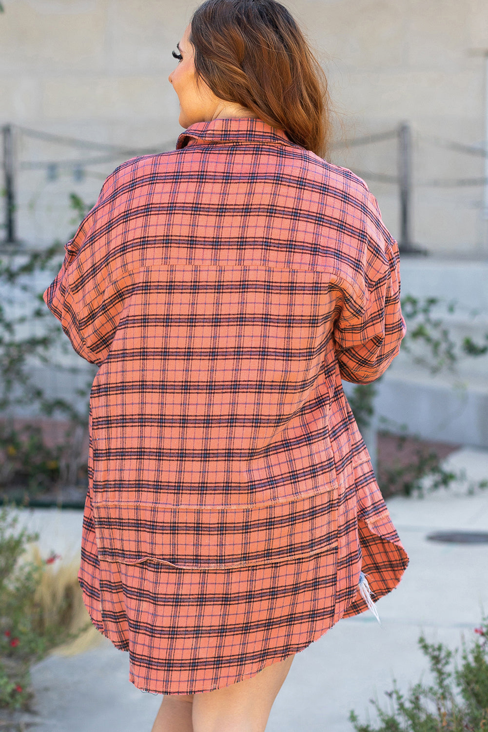 Plaid Long Sleeeve Side Split Distressed Hem Shirt | Red