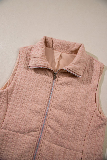 Cable Textured Zip Up Vest Jacket | Pale Chestnut