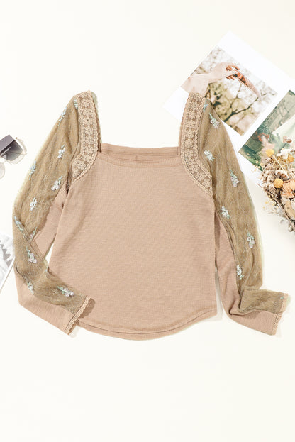 Light French Beige Floral Gauze Sleeve Patchwork Ribbed Knit Top | Flaxen