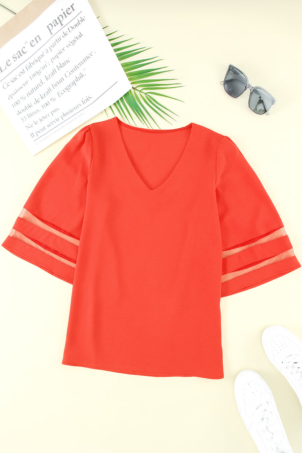 Fiery  Flare Sleeve V Neck Loose Blouse | Red