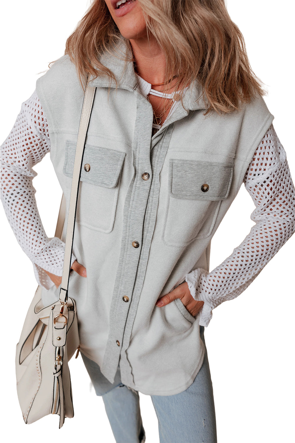 Flap Pockets Contrast Buttons Front Jacket Vest | Light Grey