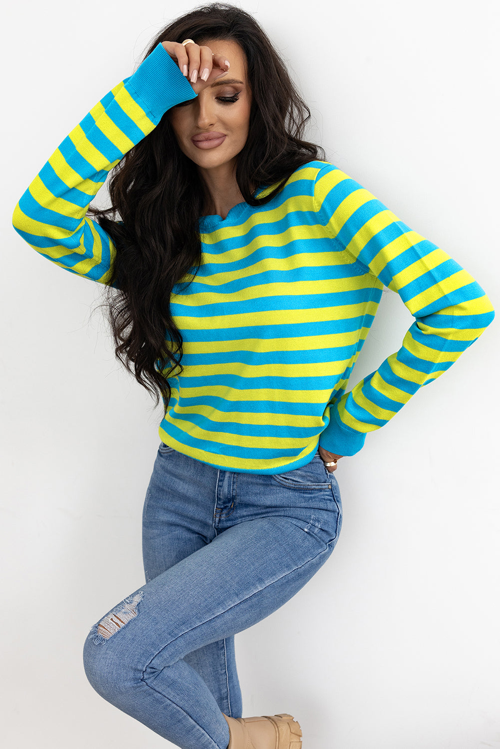 Crew Neck Drop Shoulder Casual Sweater | Green Stripe