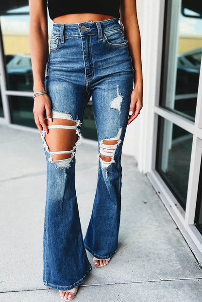 High Waist Distressed Cutout Flare Leg Jeans | Blue